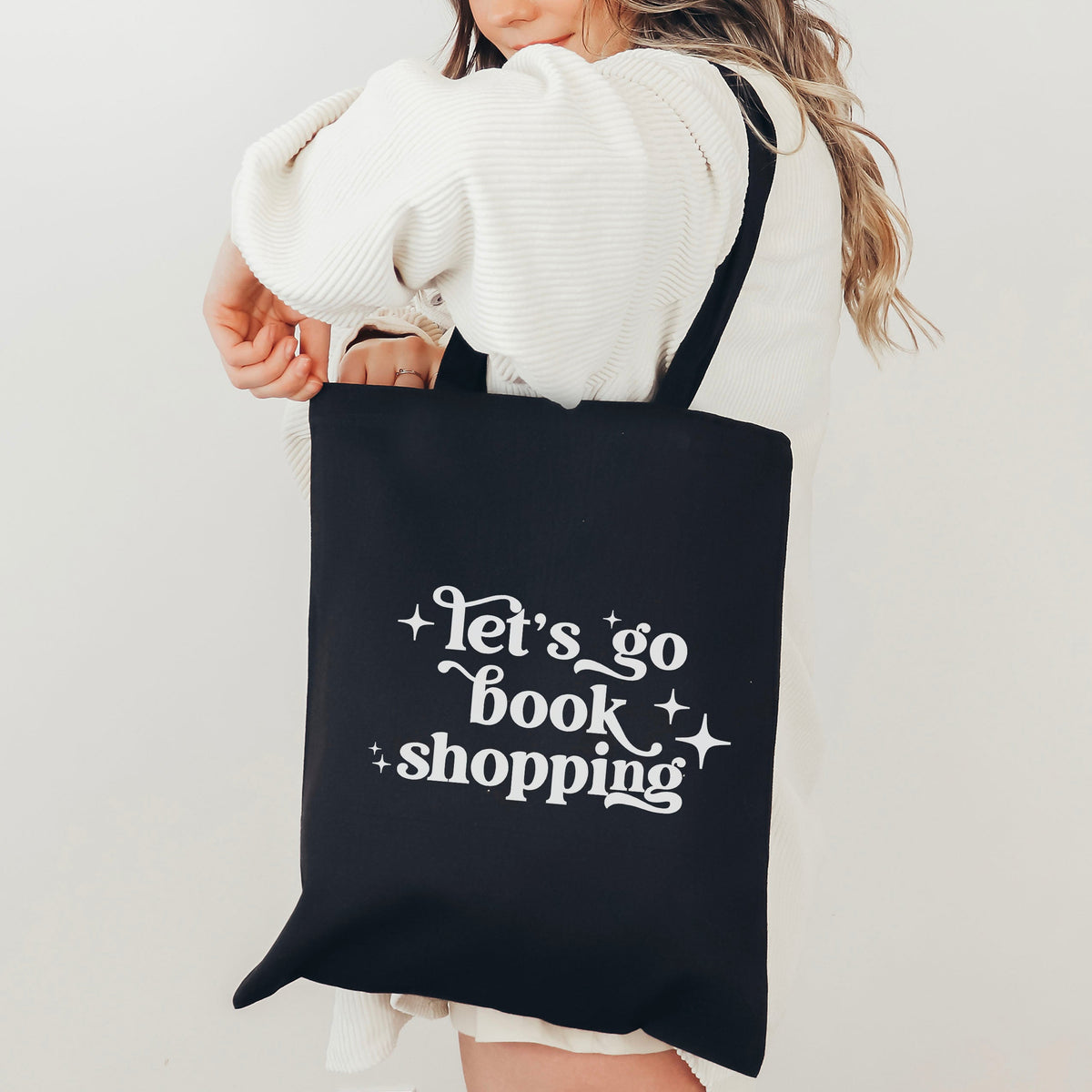 Let’s Go Book Shopping Canvas Tote Bag – Bookish Reusable Bag for Readers